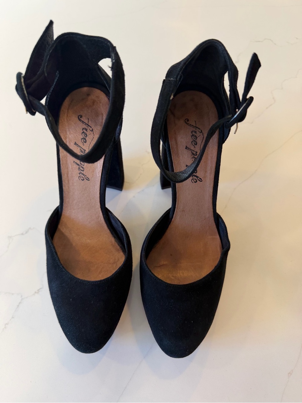 Free People Black Suede Ankle-Strap Block Heels